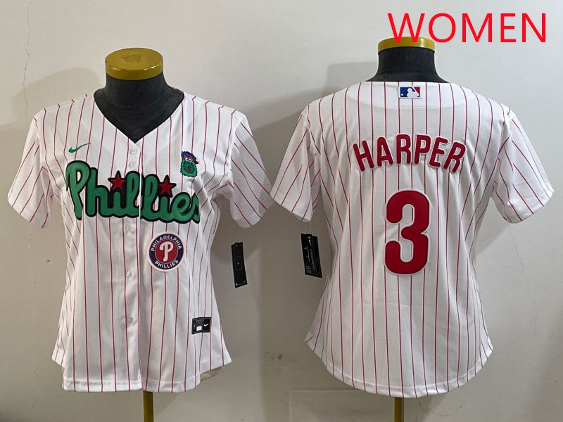 Women Philadelphia Phillies #3 Harper White Stripe Second generation joint name 2025 Nike MLB Jersey style 7->women mlb jersey->Women Jersey